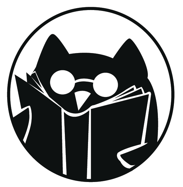 Stylized owl reading a book, designed in black and white with circular border